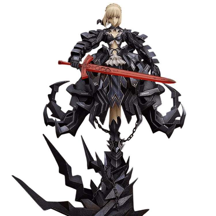 Fate Saber Alter figure 23 cm from the front: accordion pauldrons, skirt of angular plates, black chains and blond bun with a black bow