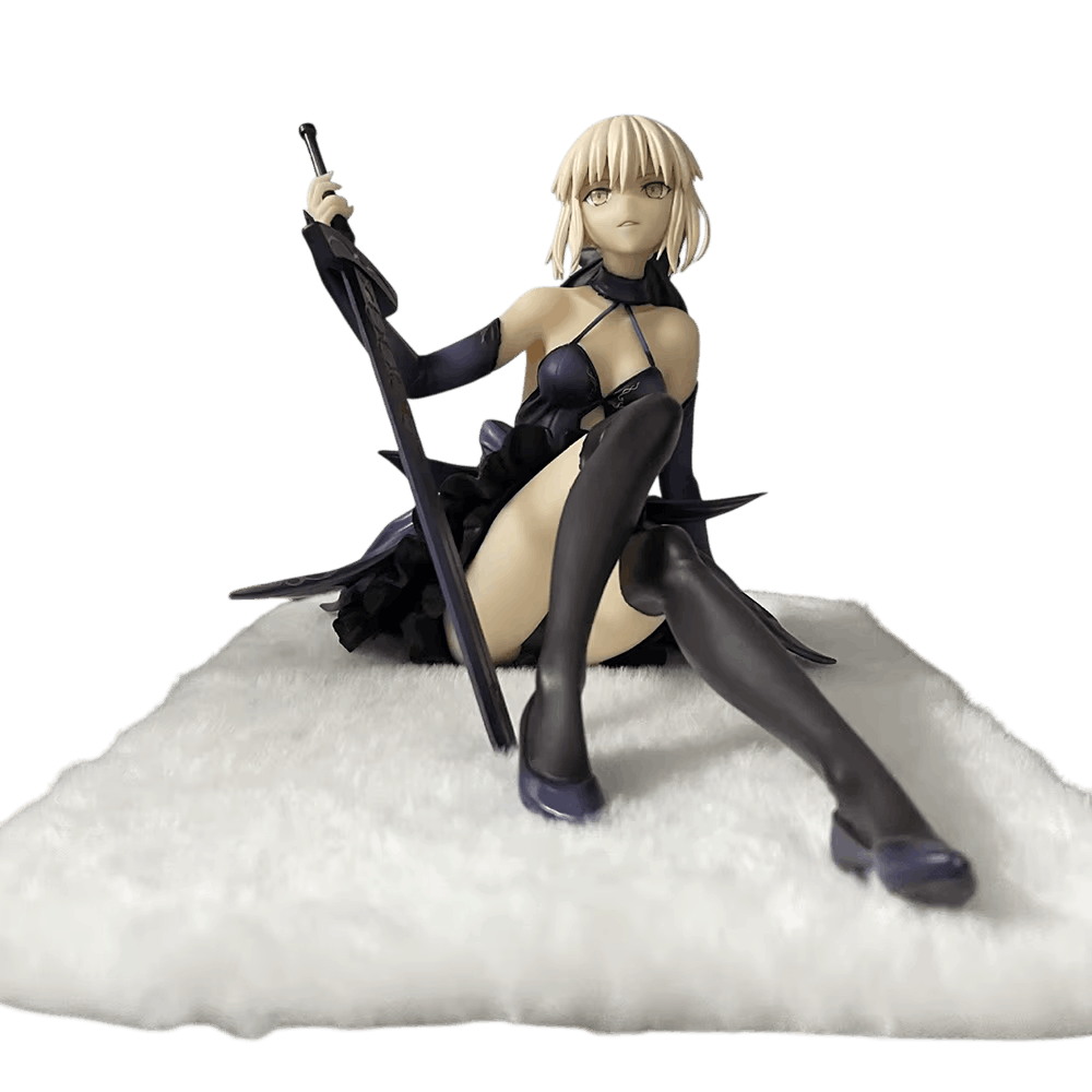 Fate Saber Alter figure 13 cm from the front: blond bob and fringe, long gloves and tall black stockings on the white rug