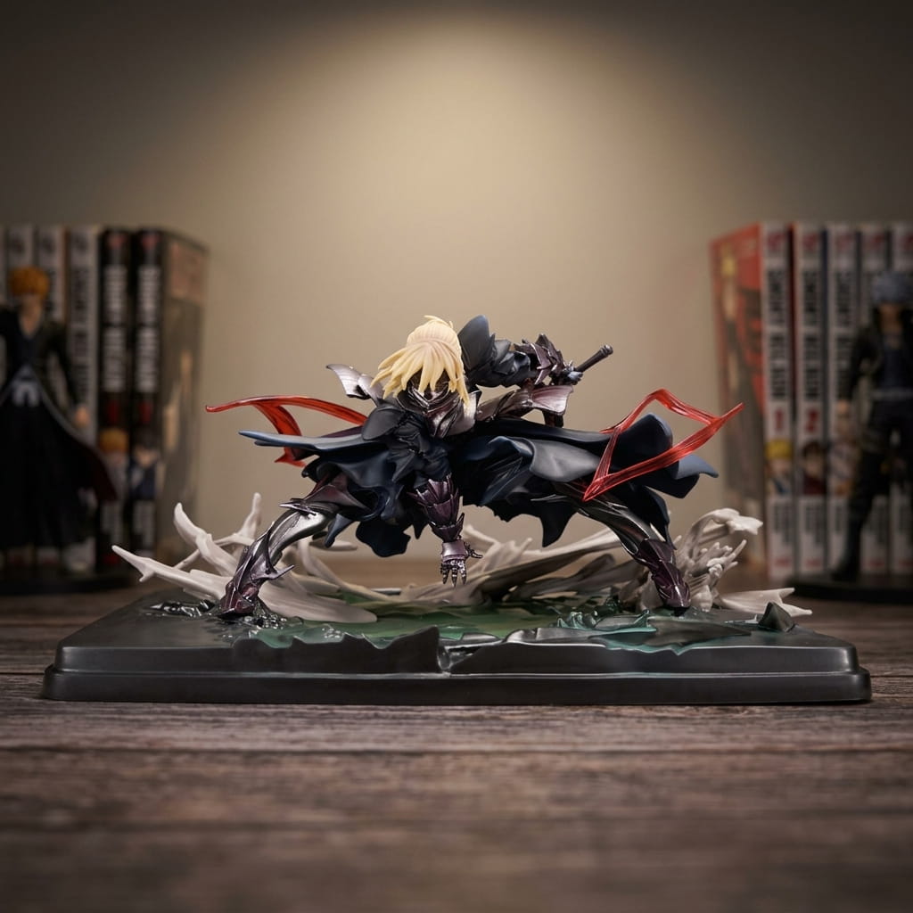 Fate Saber Alter diorama 15 cm, thrown forward, dark blade wound up, surrounded by white thorns and two red shards on a rectangular base, on a shelf (decor not included)