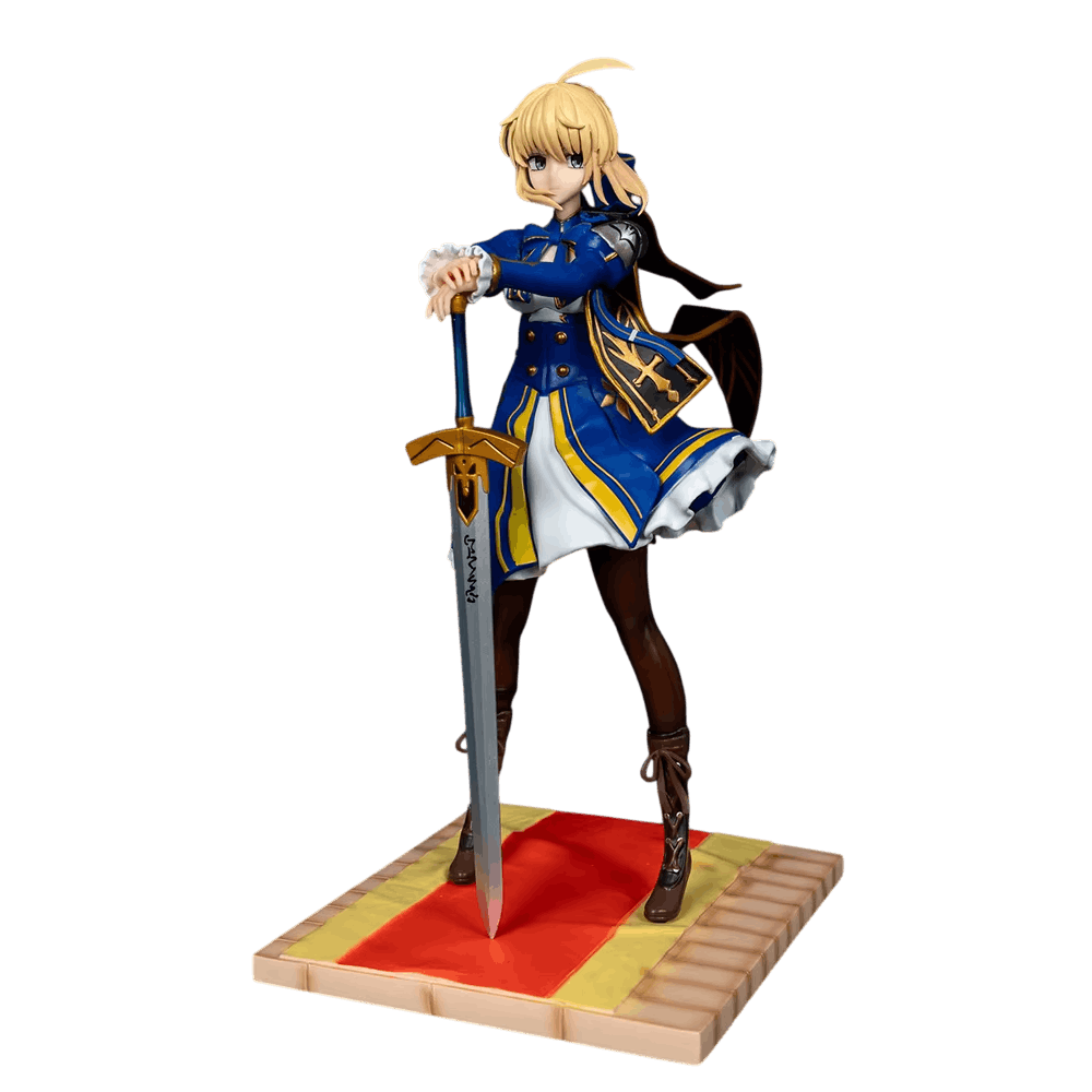 Fate Saber figure 25 cm from the front: gold buttons, white frilled petticoat, brown tights and laced booties