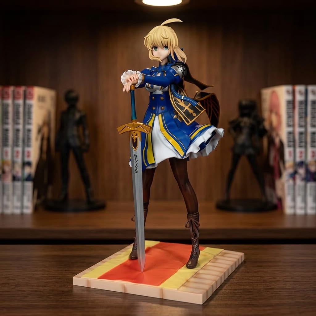 Fate Saber figure 25 cm in a royal blue coat with gold braid, sword set point down, on a base of pale planks with a red carpet, on a shelf (decor not included)