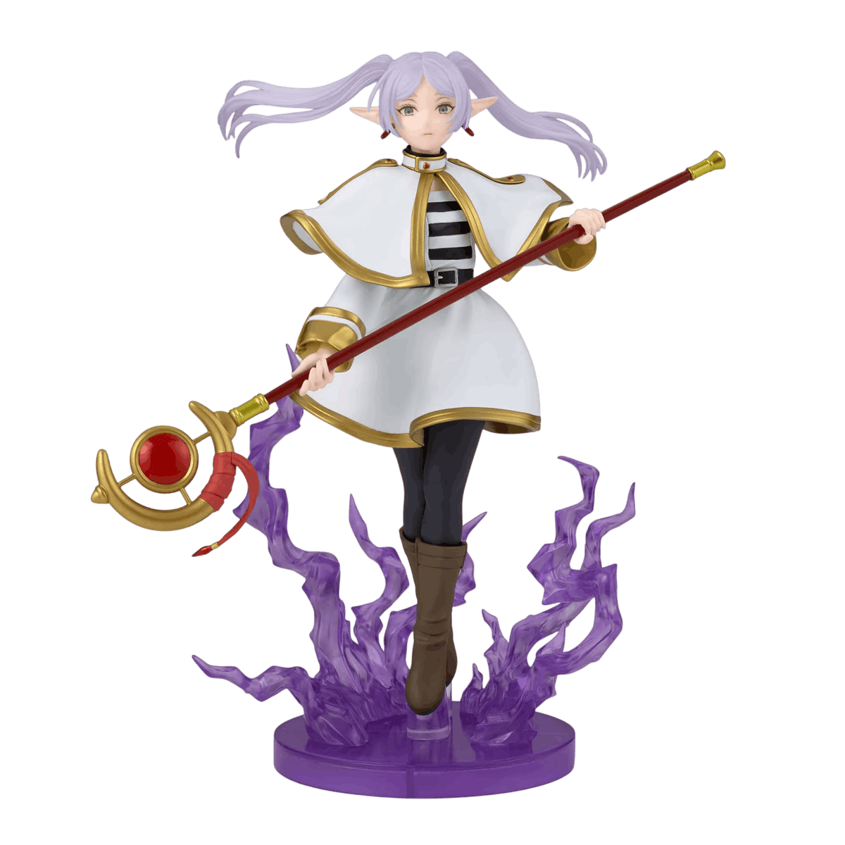 Frieren figure 20 cm, silvery pigtails and white cloak edged with gold, red staff held in both hands, translucent purple flames on a round base