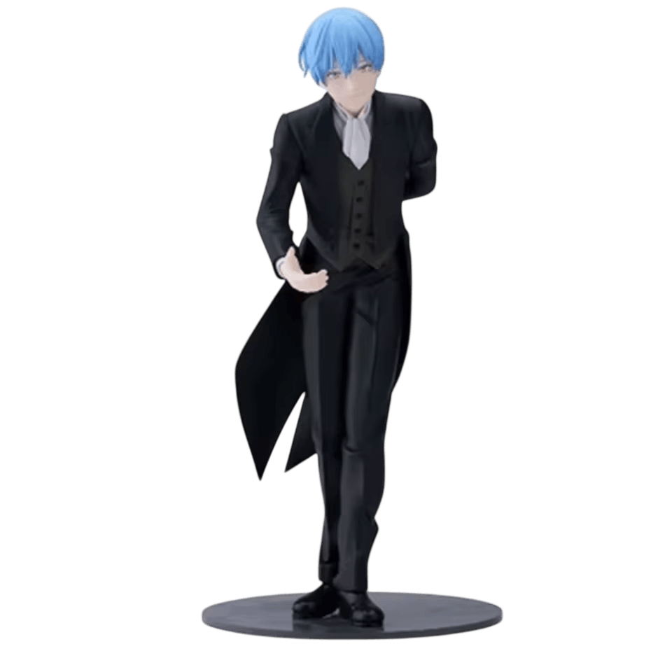 Figurine Himmel Sousou no Frieren : cheveux bleus, queue-de-pie noire et lavallière blanche, main tendue, socle rond gris