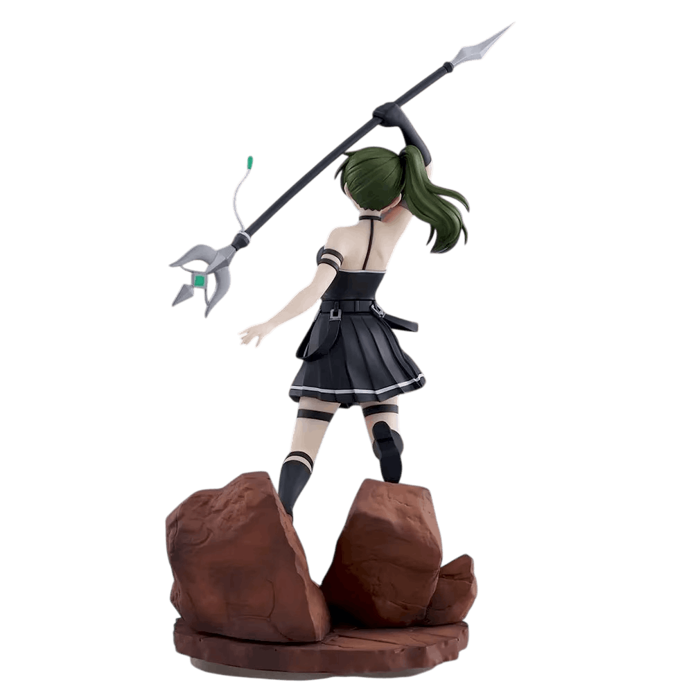 Figurine Übel Sousou no Frieren de dos : bâton à tête en griffe et gemme verte, jupe plissée et bottes noires