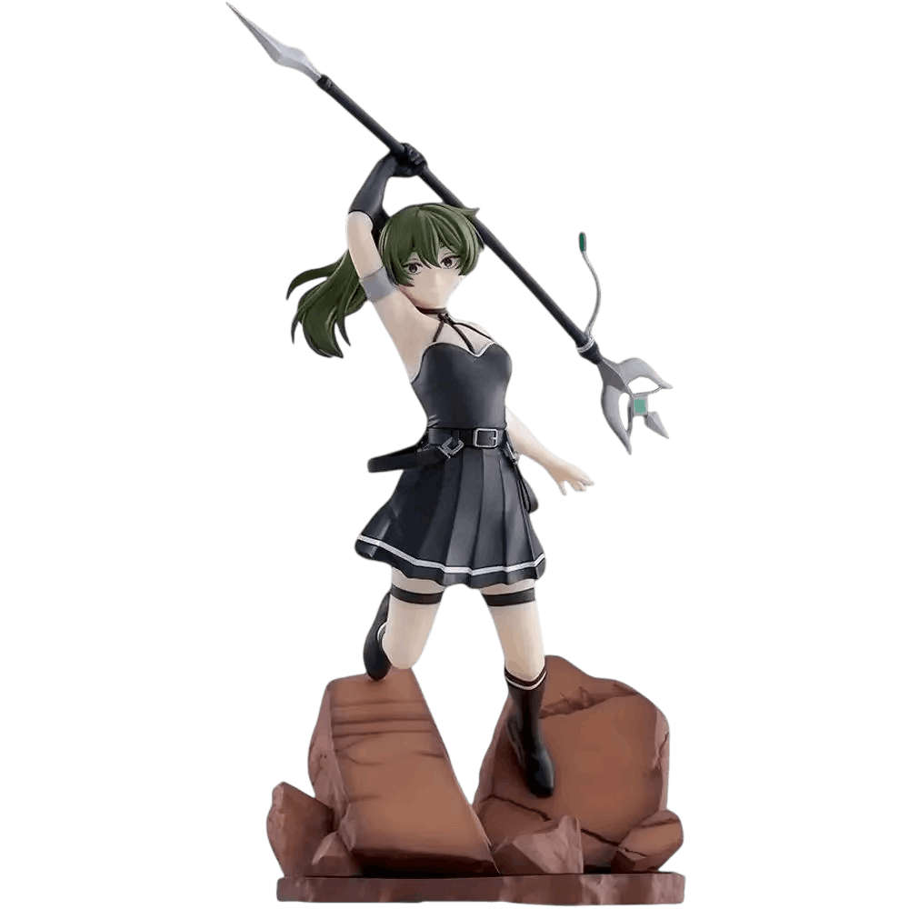 Figurine Übel Sousou no Frieren de face : bâton brandi au-dessus de la tête, robe noire plissée, un pied sur les rochers