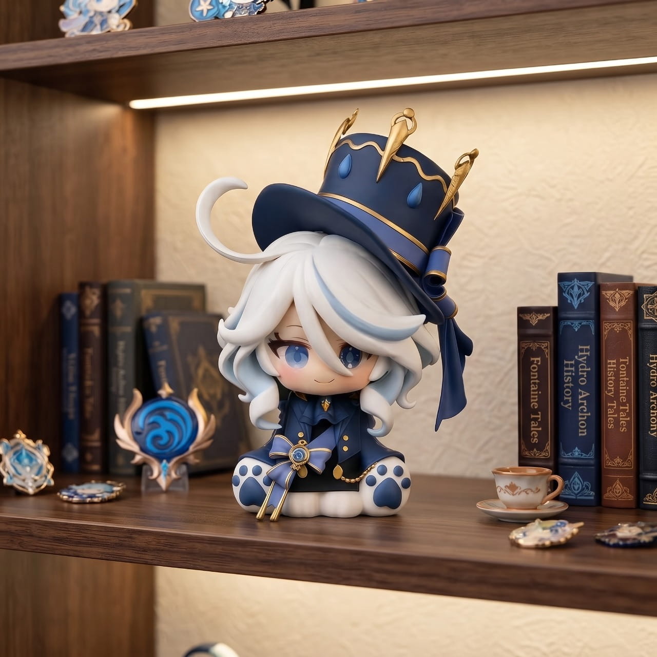 Figurine chibi Furina Genshin Impact exposée sur une étagère (décor non inclus)