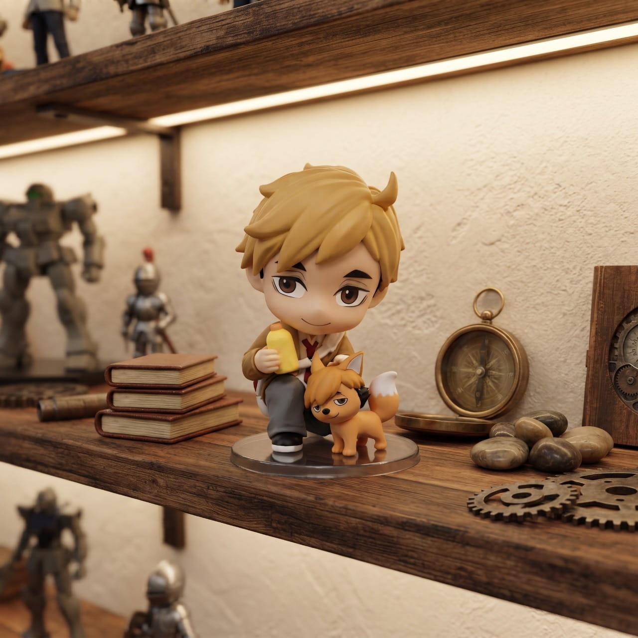 Figurine chibi Atsumu Miya — cheveux blonds coiffés en arrière, renard à ses pieds — Haikyu, étagère (décor non inclus)