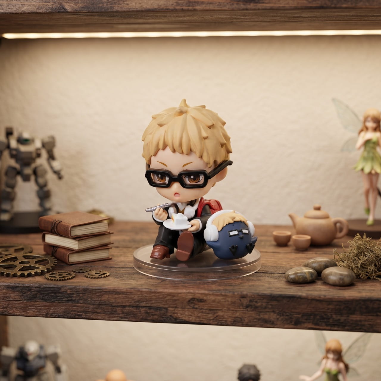 Figurine chibi Kei Tsukishima — lunettes noires, dessert et cuillère — Haikyu, étagère (décor non inclus)