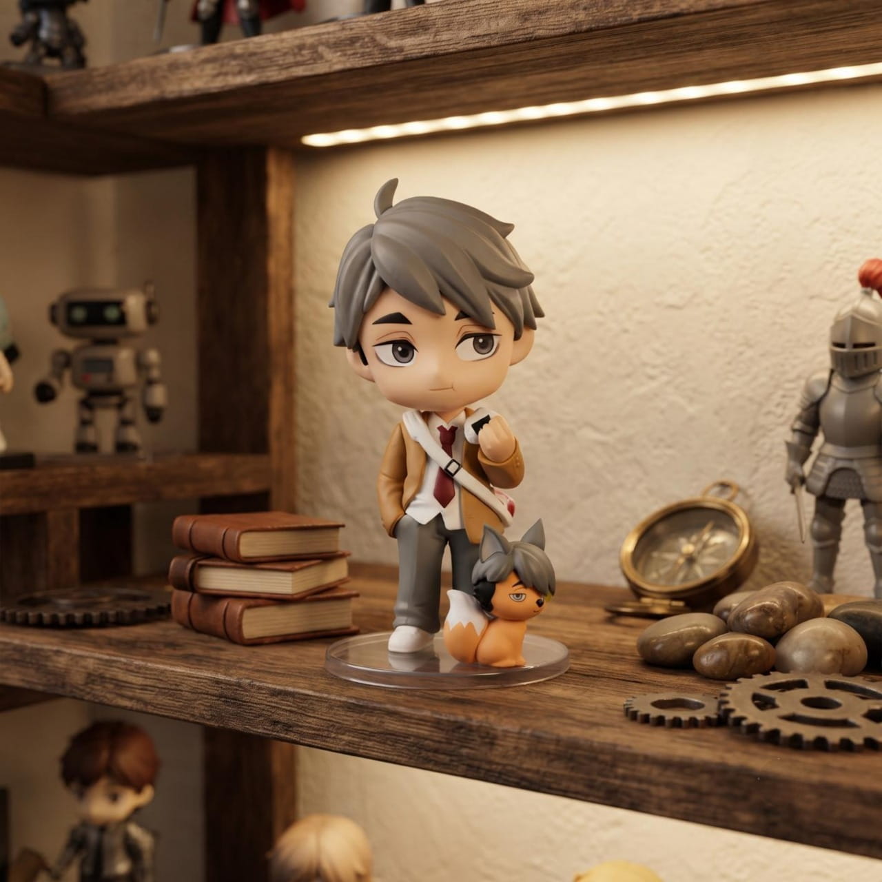 Figurine chibi Koshi Sugawara — cheveux gris clair, petit chien à ses pieds — Haikyu, étagère (décor non inclus)