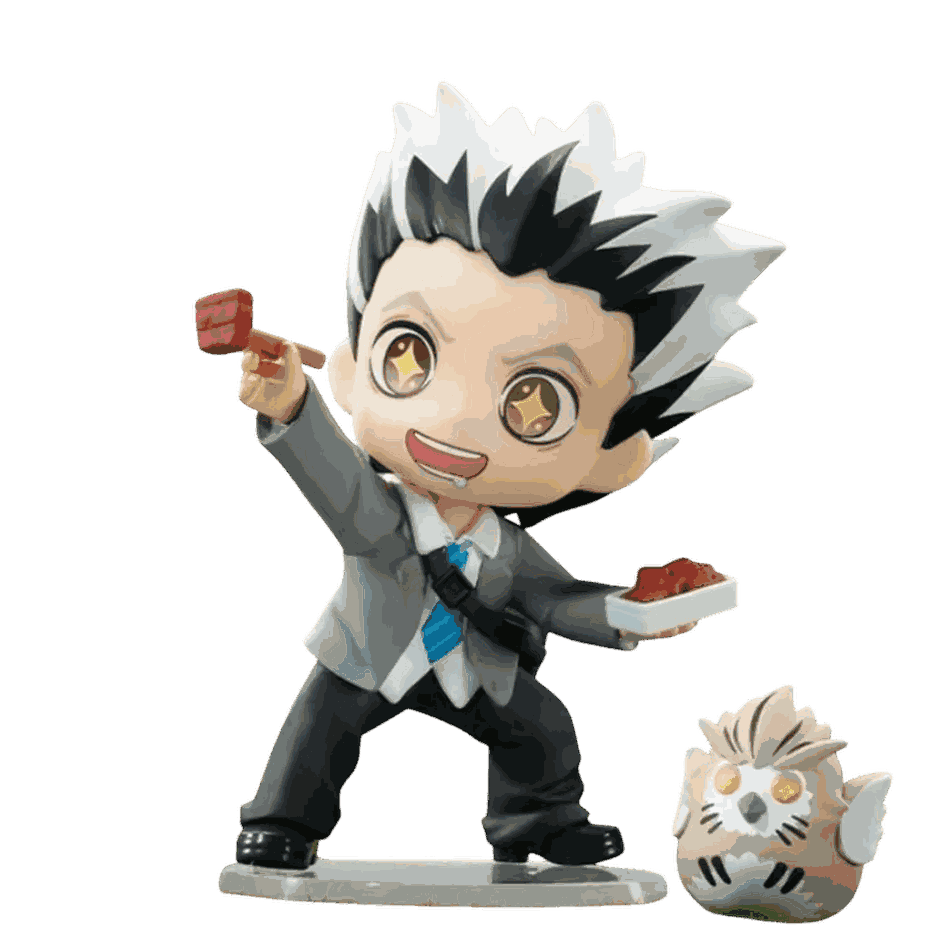 Figurine chibi Kotaro Bokuto vue de face — yeux dorés brillants — Haikyu, PVC peint