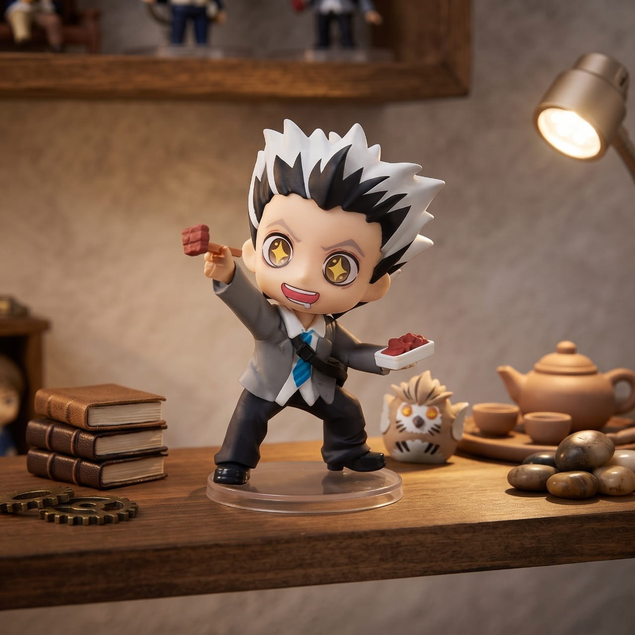 Figurine chibi Kotaro Bokuto — cheveux noirs et blancs dressés, chouette à ses pieds — Haikyu, étagère (décor non inclus)