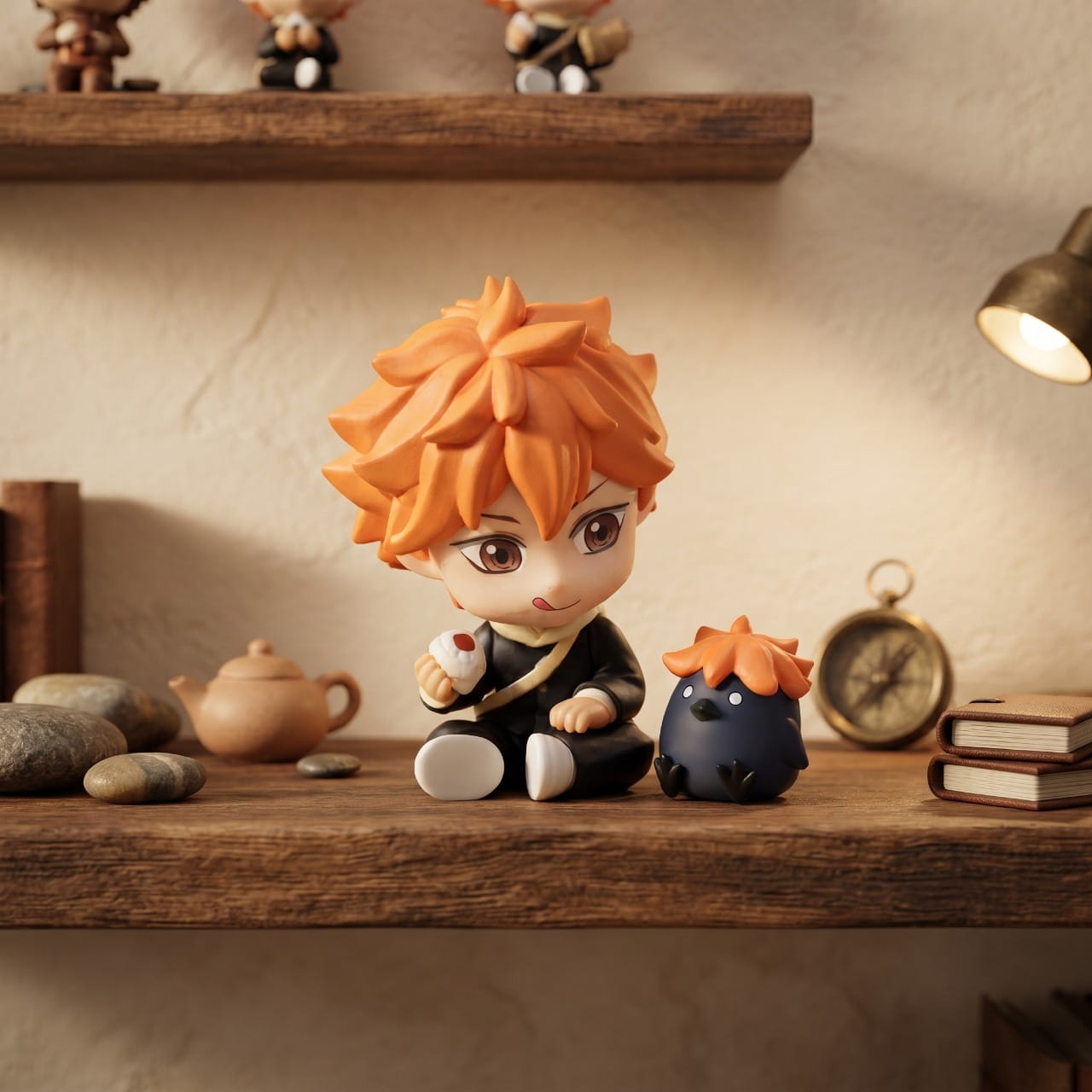 Figurine chibi Shoyo Hinata — cheveux orange en bataille, petit pain à la main — Haikyu, étagère (décor non inclus)
