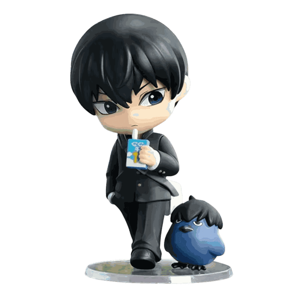 Figurine chibi Tobio Kageyama vue de face — brique de lait et paille, air renfrogné — Haikyu, PVC peint