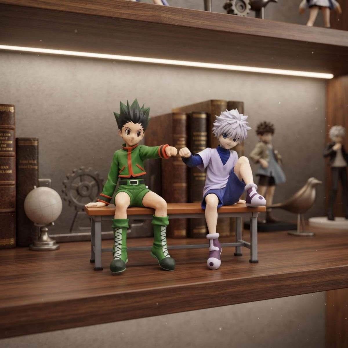 Figurine Hunter x Hunter – Gon & Killua Perchés 12,5 cm, au Choix, exposée sur une étagère (décor non inclus)