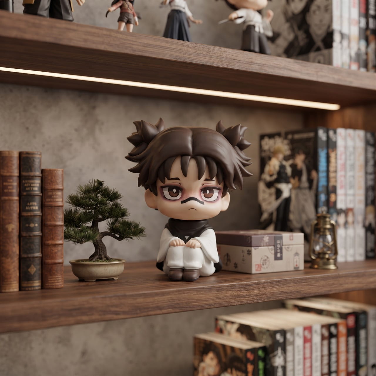 Figurine chibi Choso de Jujutsu Kaisen accroupi, exposée sur une étagère (décor non inclus)