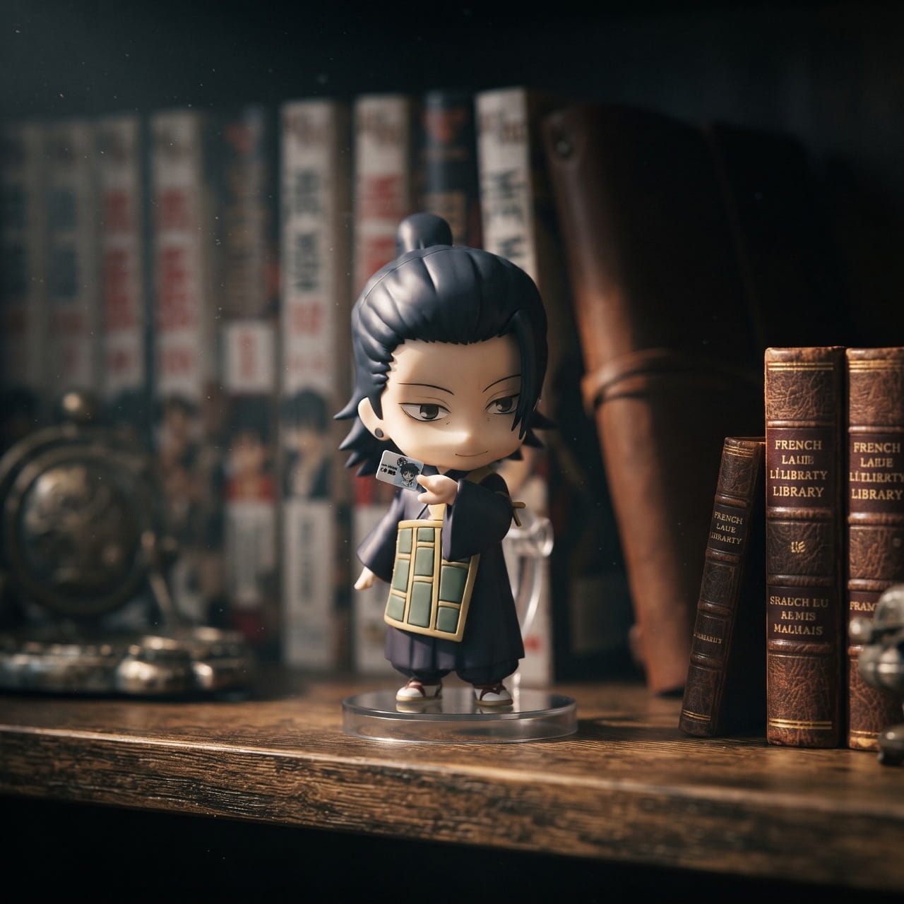 Figurine chibi Geto Suguru exposée sur une étagère (décor non inclus)