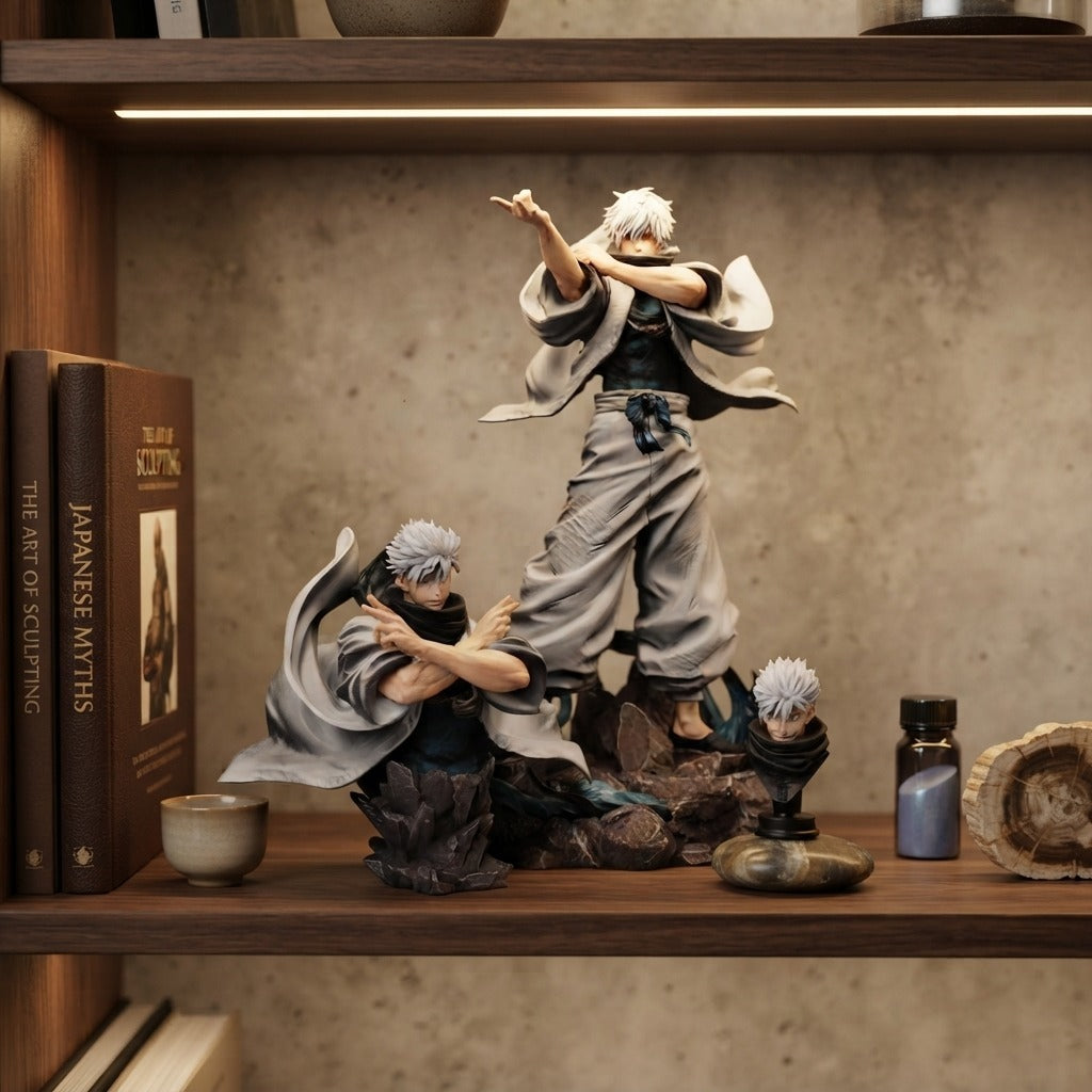 Figurine Jujutsu Kaisen – Gojo Satoru GK Premium, exposée sur une étagère (décor non inclus)