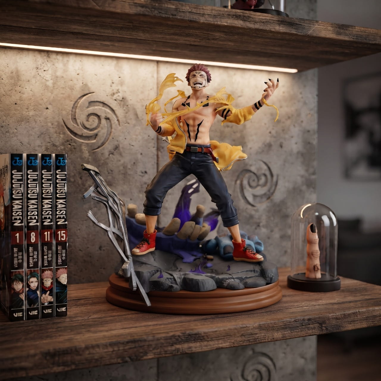 Figurine Ryomen Sukuna roi des fleaux Jujutsu Kaisen - exposee sur une etagere (decor non inclus)