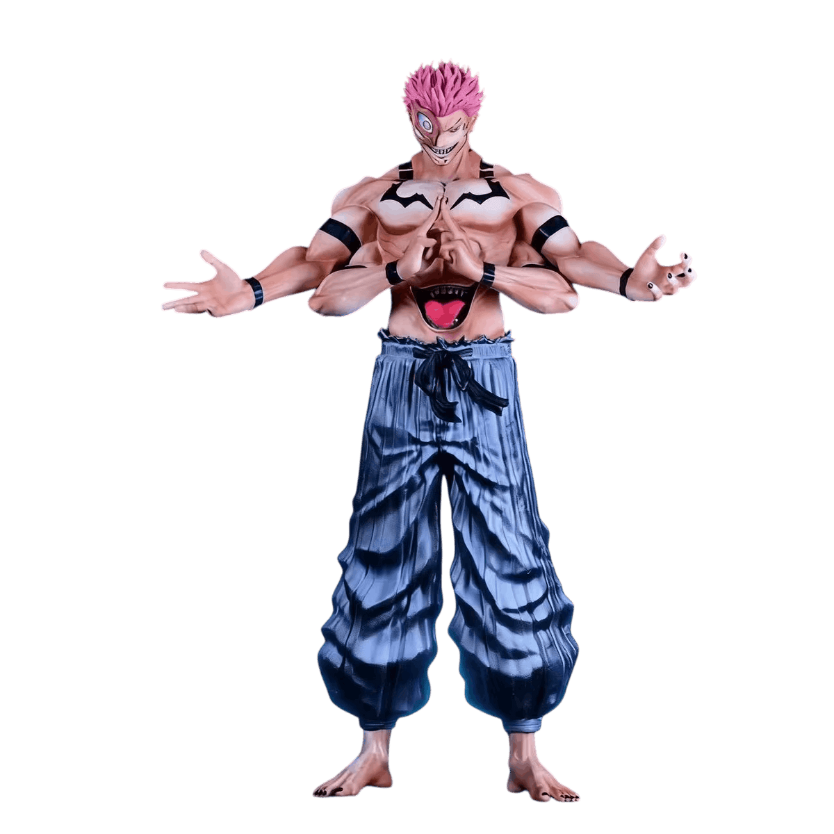 Jujutsu Kaisen Sukuna figure 32 cm from the front: four arms, hands pressed together in front of the chest, second eye on the temple and open mouth at the pit of the stomach