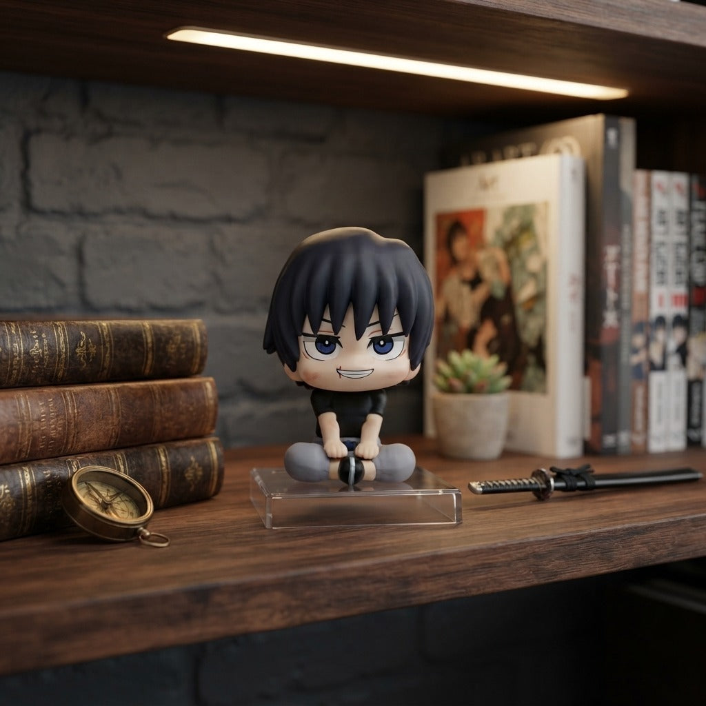 Figurine chibi Toji Fushiguro assis en tailleur, exposée sur une étagère (décor non inclus)