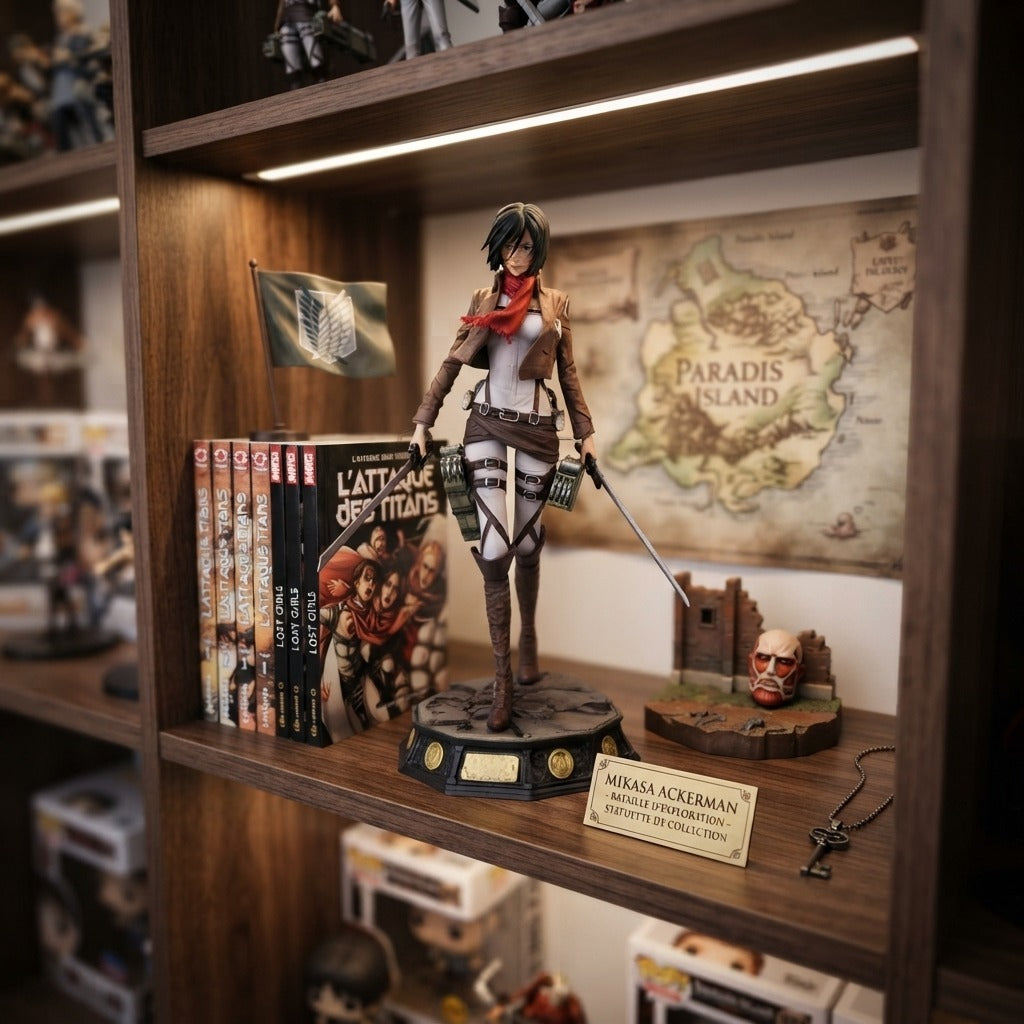 Figurine Mikasa Ackerman exposée sur une étagère de collection Attaque des Titans