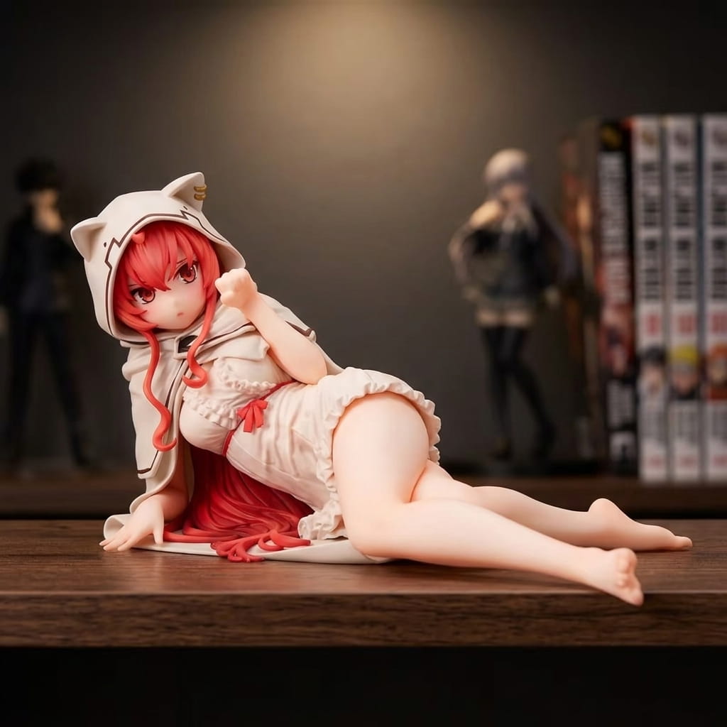 Mushoku Tensei Eris figure 13 cm lying on her side, white hooded cloak with ears and a red cord, on a shelf (decor not included)