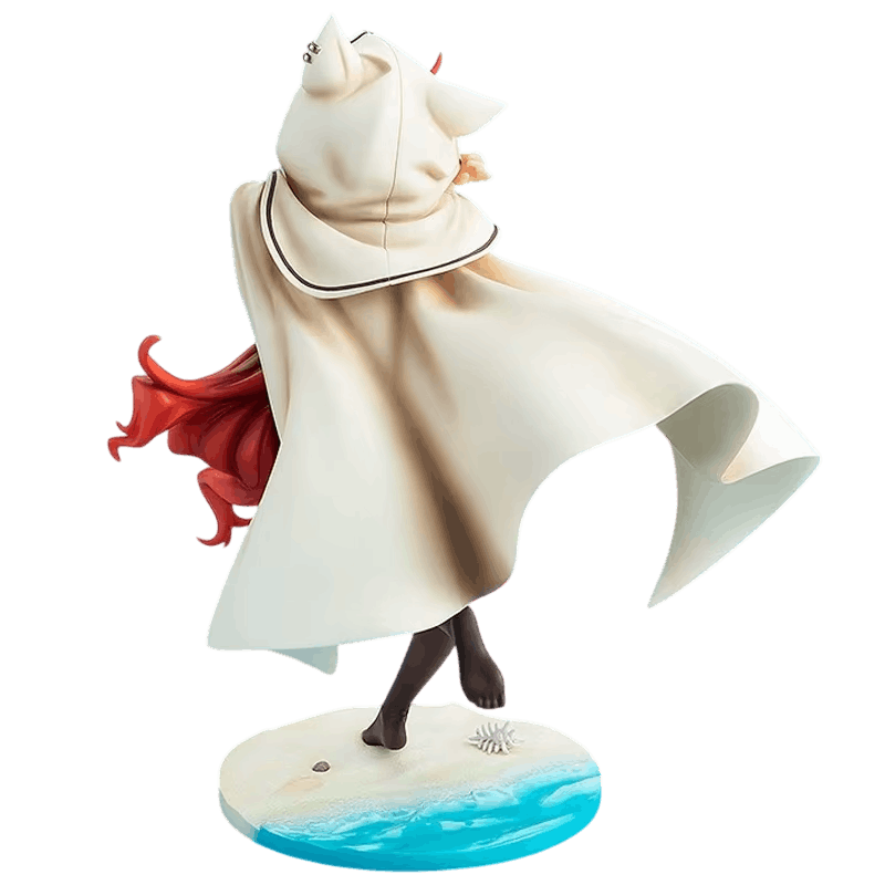 Mushoku Tensei Eris figure 25 cm rear view: eared hood raised and a great sweep of white cloak falling to the base