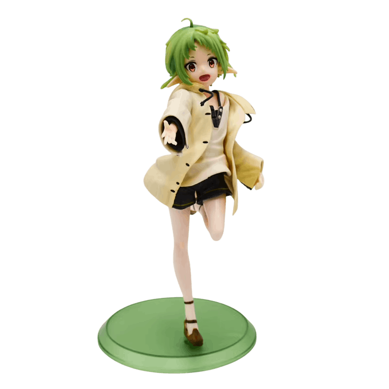 Figurine Sylphiette de face, veste crème à capuche, short noir, un pied levé, socle vert, détourée sur fond blanc