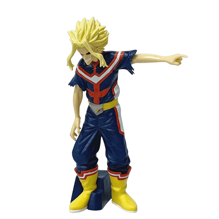 Figurine All Might vue de trois quarts, mèches blondes dressées et bottes rouges et jaunes