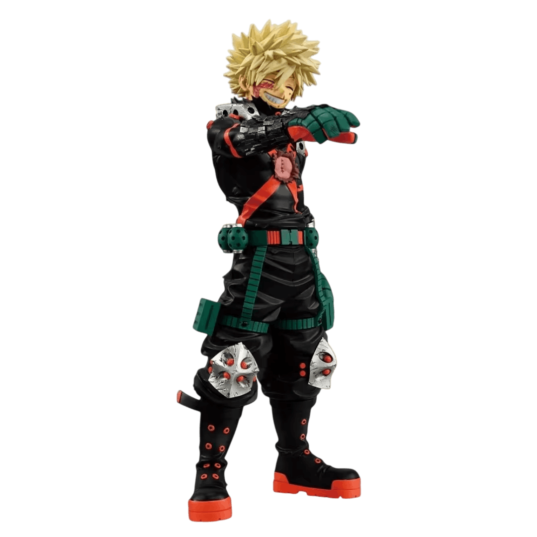 My Hero Academia Bakugo figure 23 cm three-quarter view: gash across the nose, green cartridge belt, studded silver knee pads and boots with orange soles