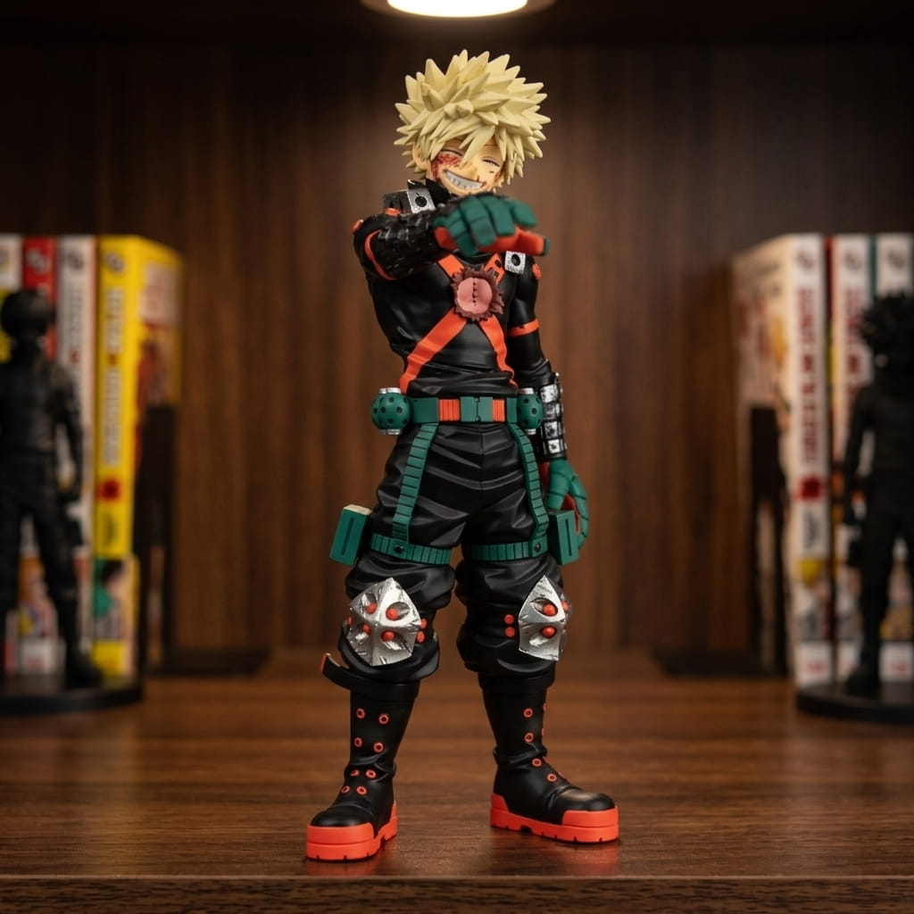 My Hero Academia Bakugo figure 23 cm, black bodysuit with orange straps, grey armour plate on the shoulder and green gauntlets, on a shelf (decor not included)