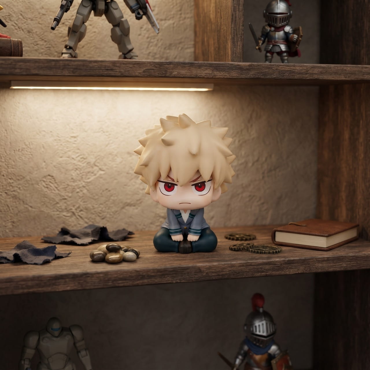 Figurine SD de Katsuki Bakugo assis en tailleur, sourcils froncés, uniforme UA — My Hero Academia