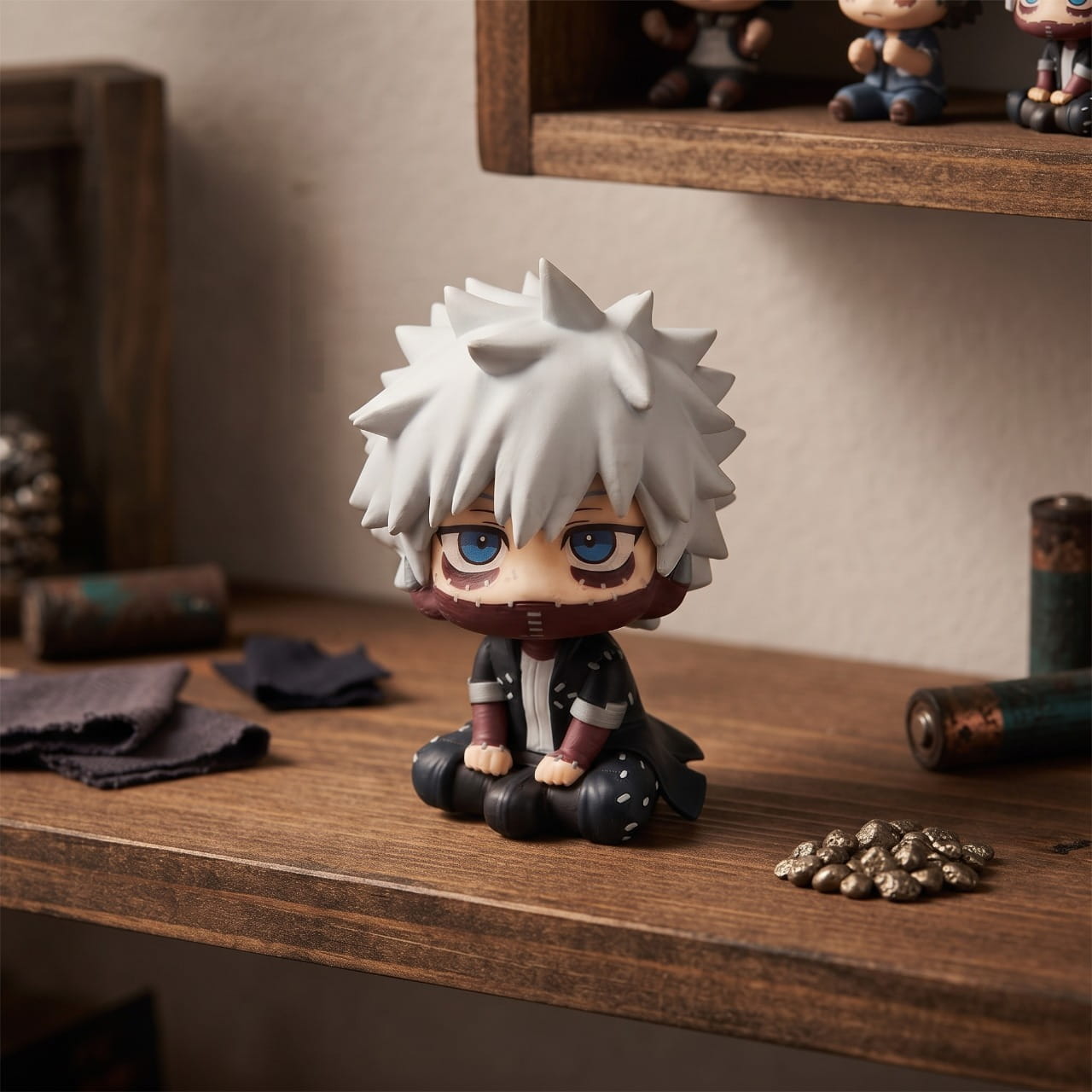 Figurine SD de Dabi assis en tailleur tête levée, cheveux blancs et cicatrices agrafées — My Hero Academia
