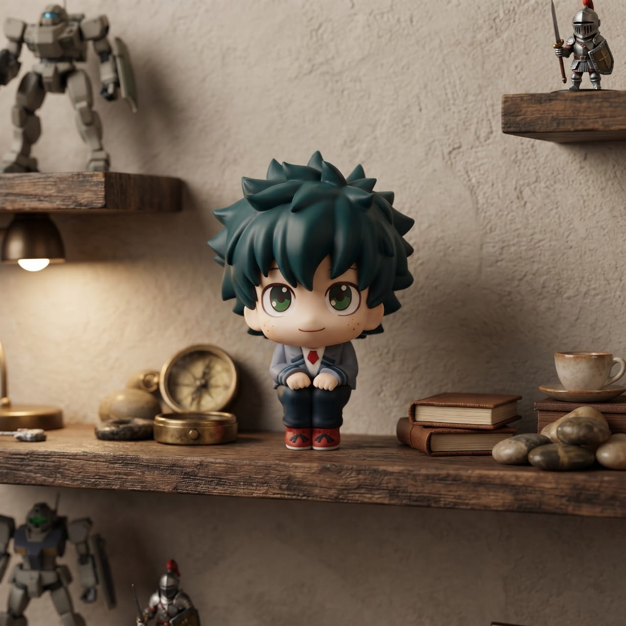 Figurine SD de Deku assis en tailleur tête levée, boucles vertes et taches de rousseur — My Hero Academia