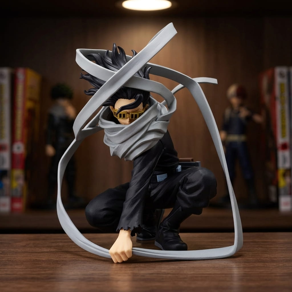 My Hero Academia Eraser Head figure 18 cm crouched low, grey capture scarf in a wide loop around him, on a shelf (decor not included)