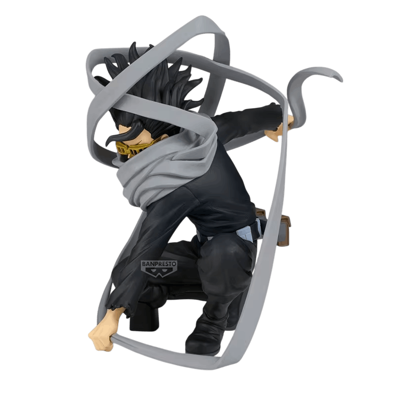 My Hero Academia Eraser Head figure 18 cm three-quarter view: yellow goggles worn over the eyes, black bodysuit and belt with brown pouches