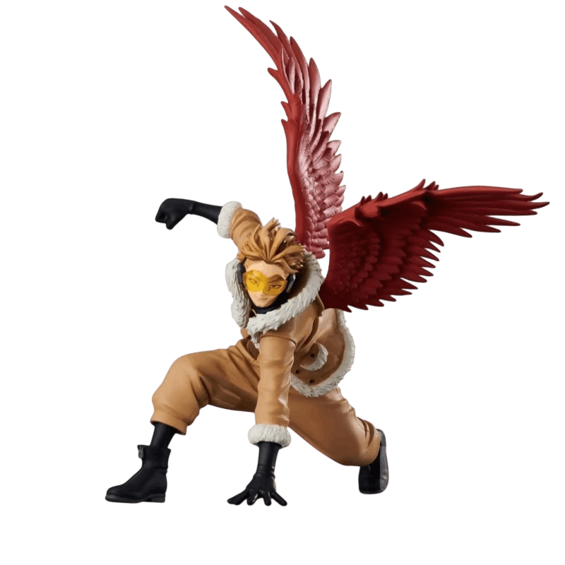 Figurine Hawks vue de trois quarts, plumes rouges sculptées une à une et bottes noires