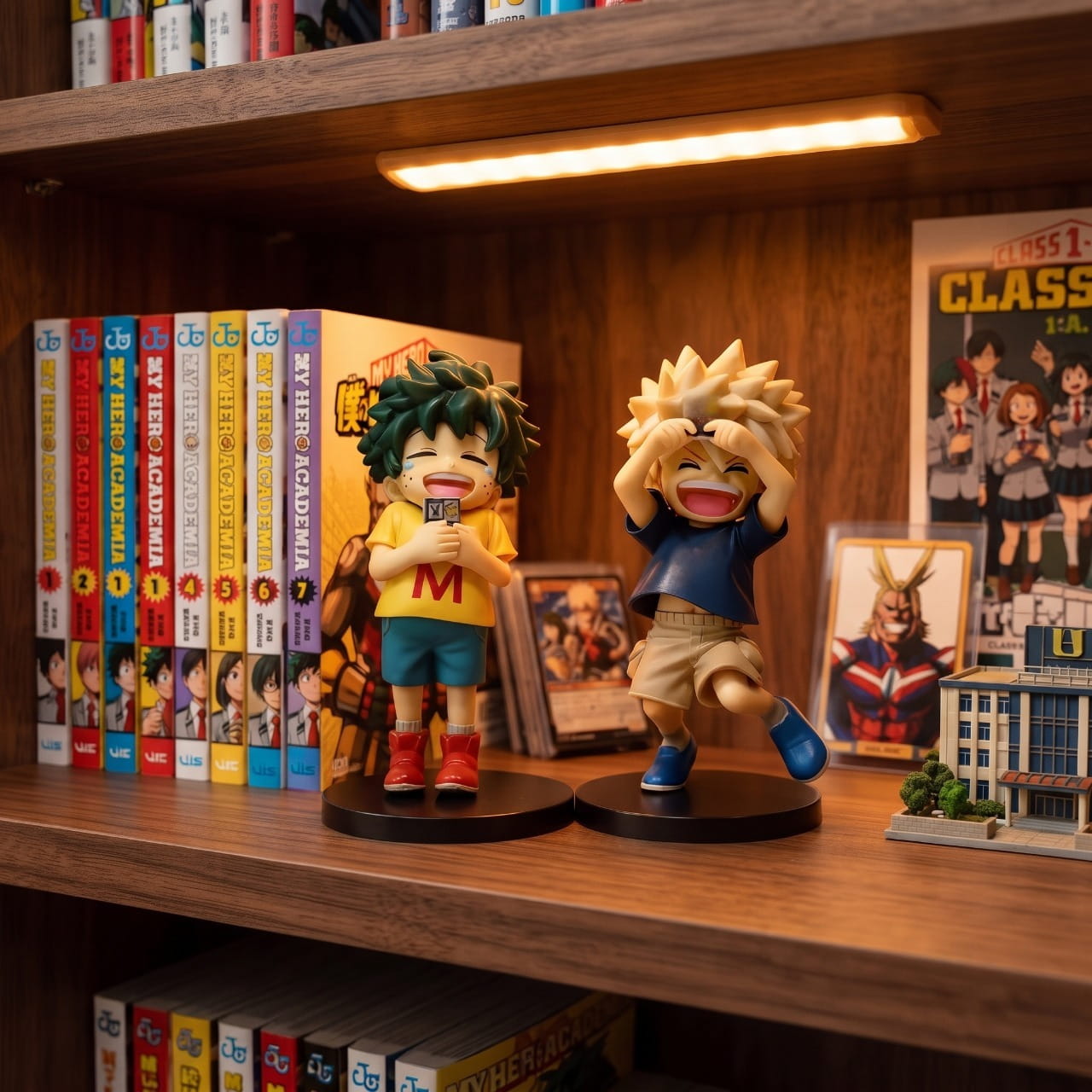 Figurines Izuku et Katsuki enfants exposées sur une étagère (décor non inclus)