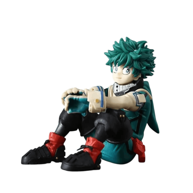 Figurine Deku assis vue de trois quarts, gantelets blancs et baskets rouges et noires