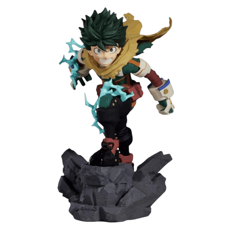Figurine Deku aux éclairs du One For All vue de trois quarts, socle rocheux gris éclaté