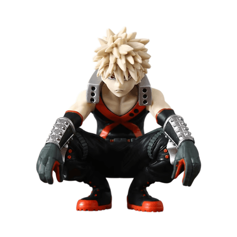 Figurine Bakugo accroupi vue de trois quarts, gants verts et bottes à semelle orange