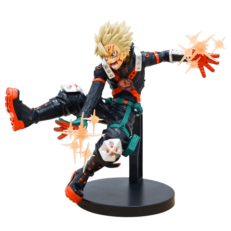 Figurine Bakugo double explosion vue de trois quarts, protections d'épaule et jambe levée