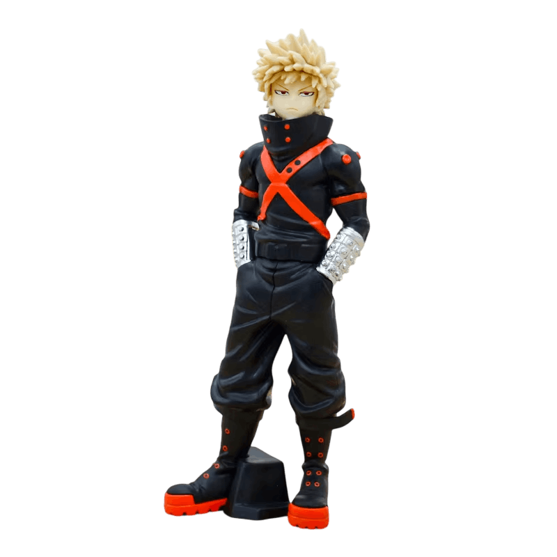 Figurine Bakugo en tenue de combat vue de trois quarts, cheveux blonds sculptés en pointes