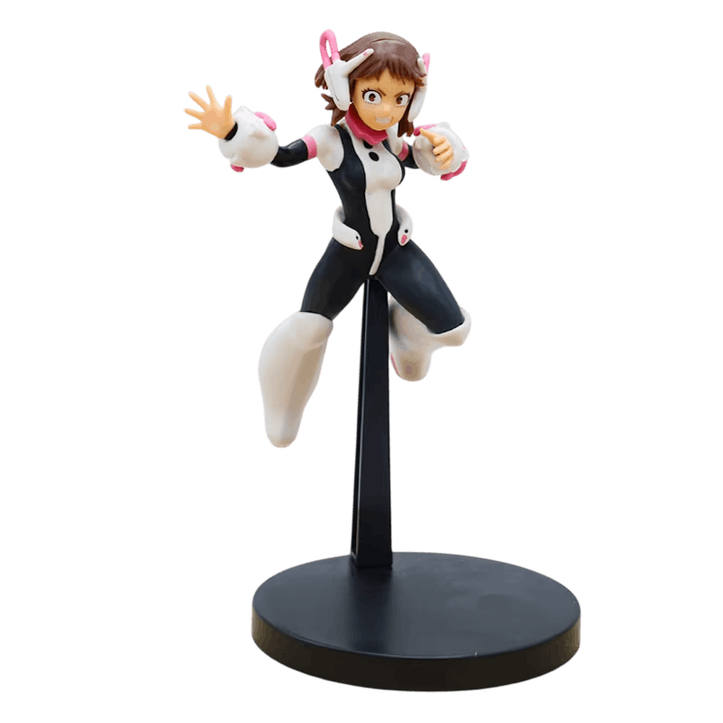 Figurine Uraraka en apesanteur vue de trois quarts, doigts écartés et bottes blanches montantes