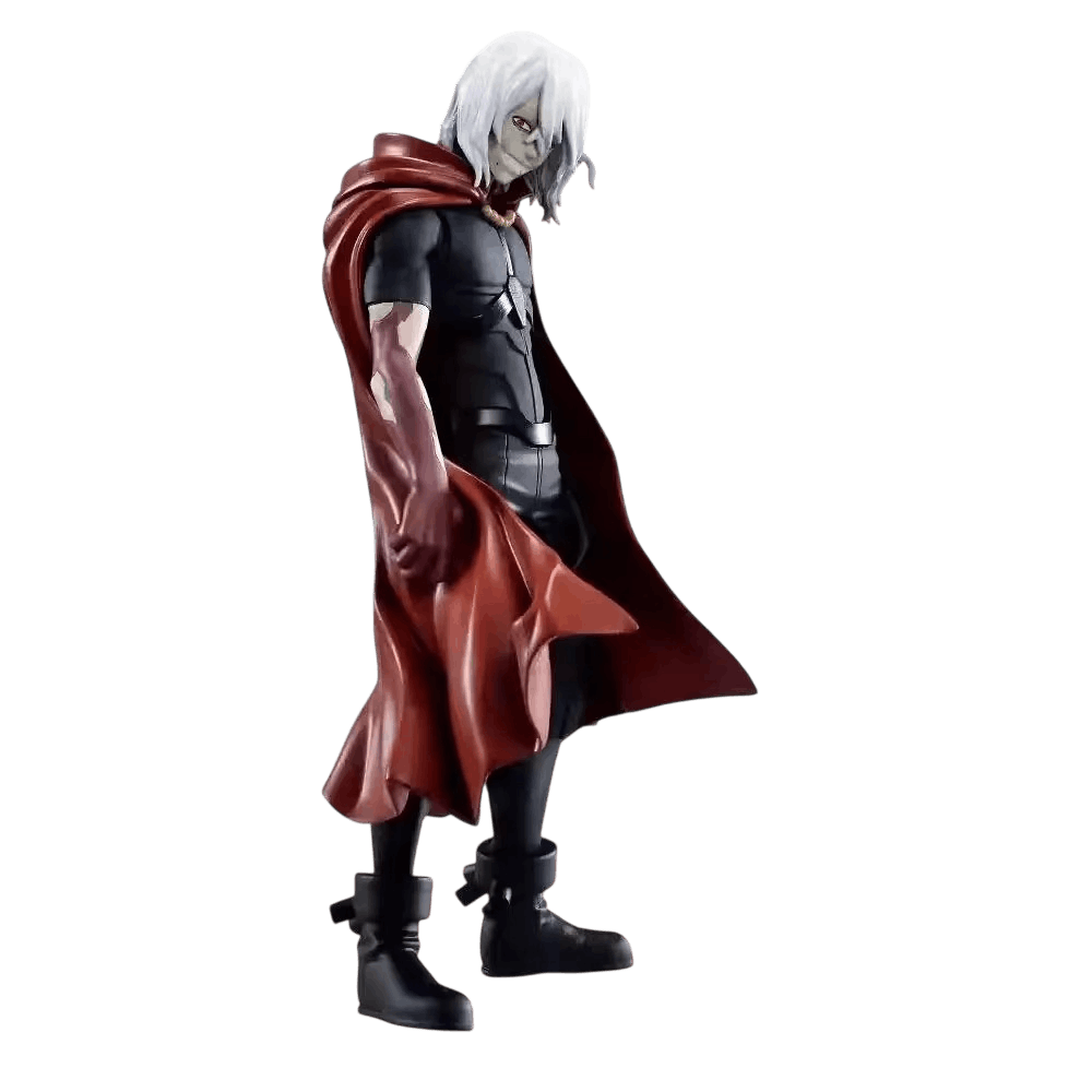 Figurine Shigaraki au manteau rouge vue de profil, drapé du manteau et marques de brûlure sur le bras