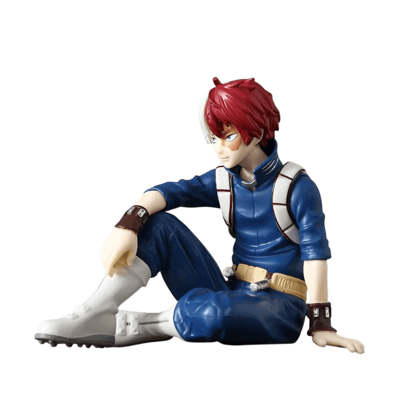 Figurine Todoroki assis vue de trois quarts, bandes blanches du survêtement et bracelets bruns