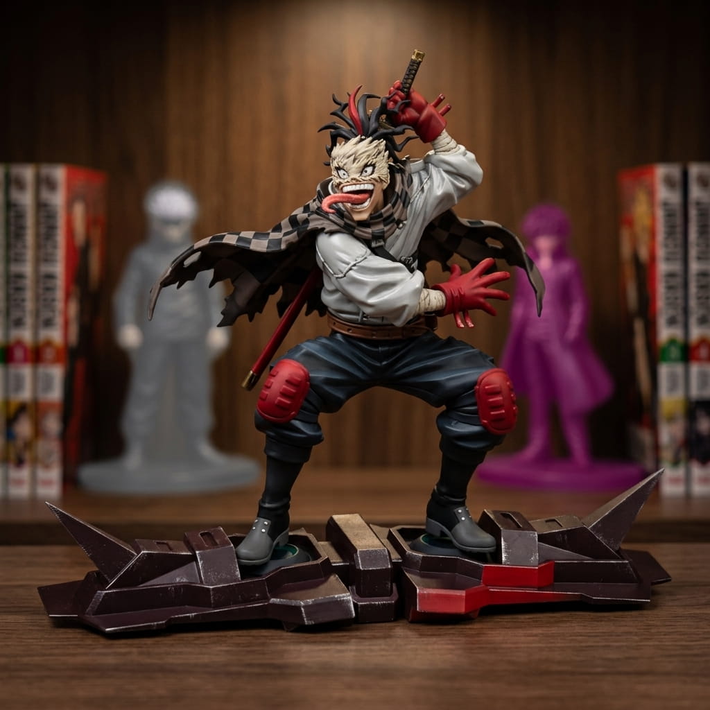 My Hero Academia Stain figure 18 cm, grinning with his tongue out, sword raised behind his shoulder, standing on a dark glider, on a shelf (decor not included)