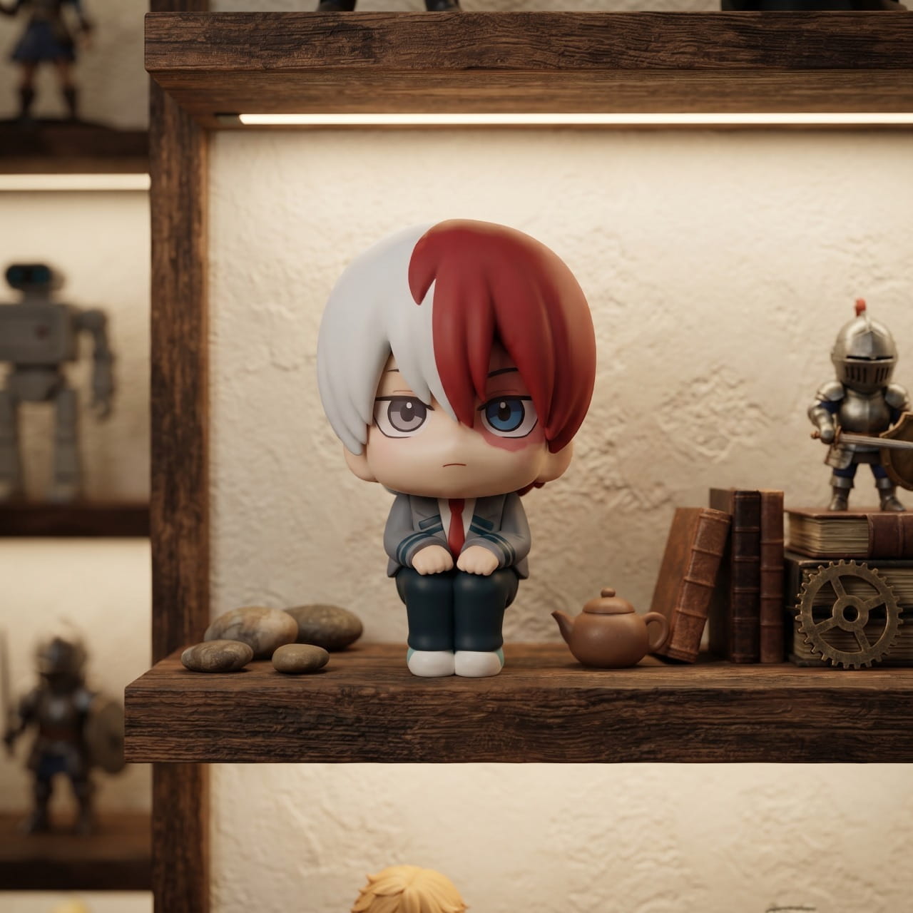 Figurine SD de Shoto Todoroki assis, cheveux mi-blancs mi-rouges et regard vairon — My Hero Academia