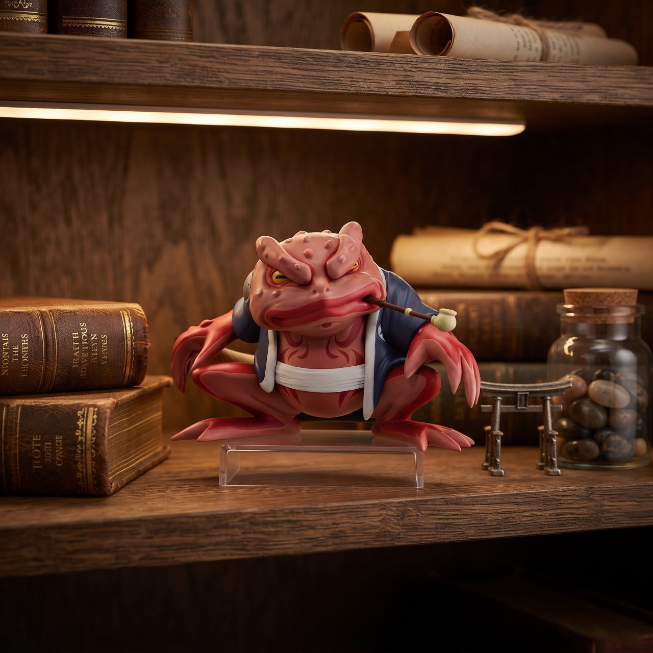 Figurine Gamabunta pipe au bec, exposée sur une étagère en bois — Naruto