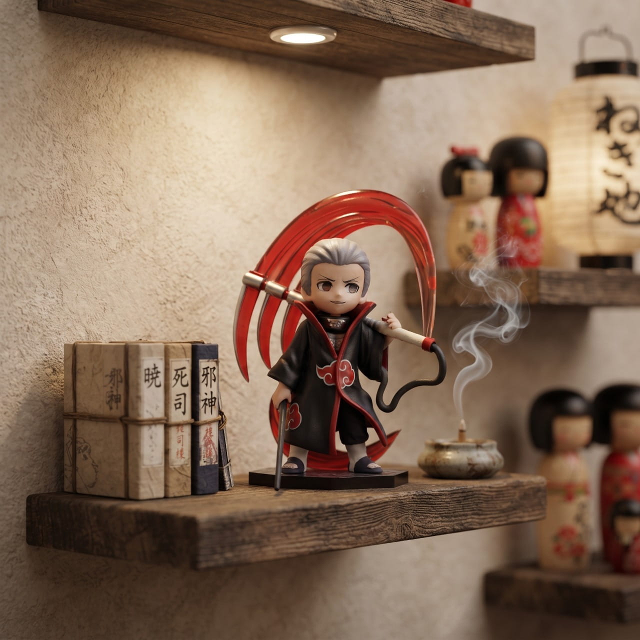 Figurine chibi Hidan — faux rouge à trois lames au bout d'un câble — Naruto, étagère (décor non inclus)